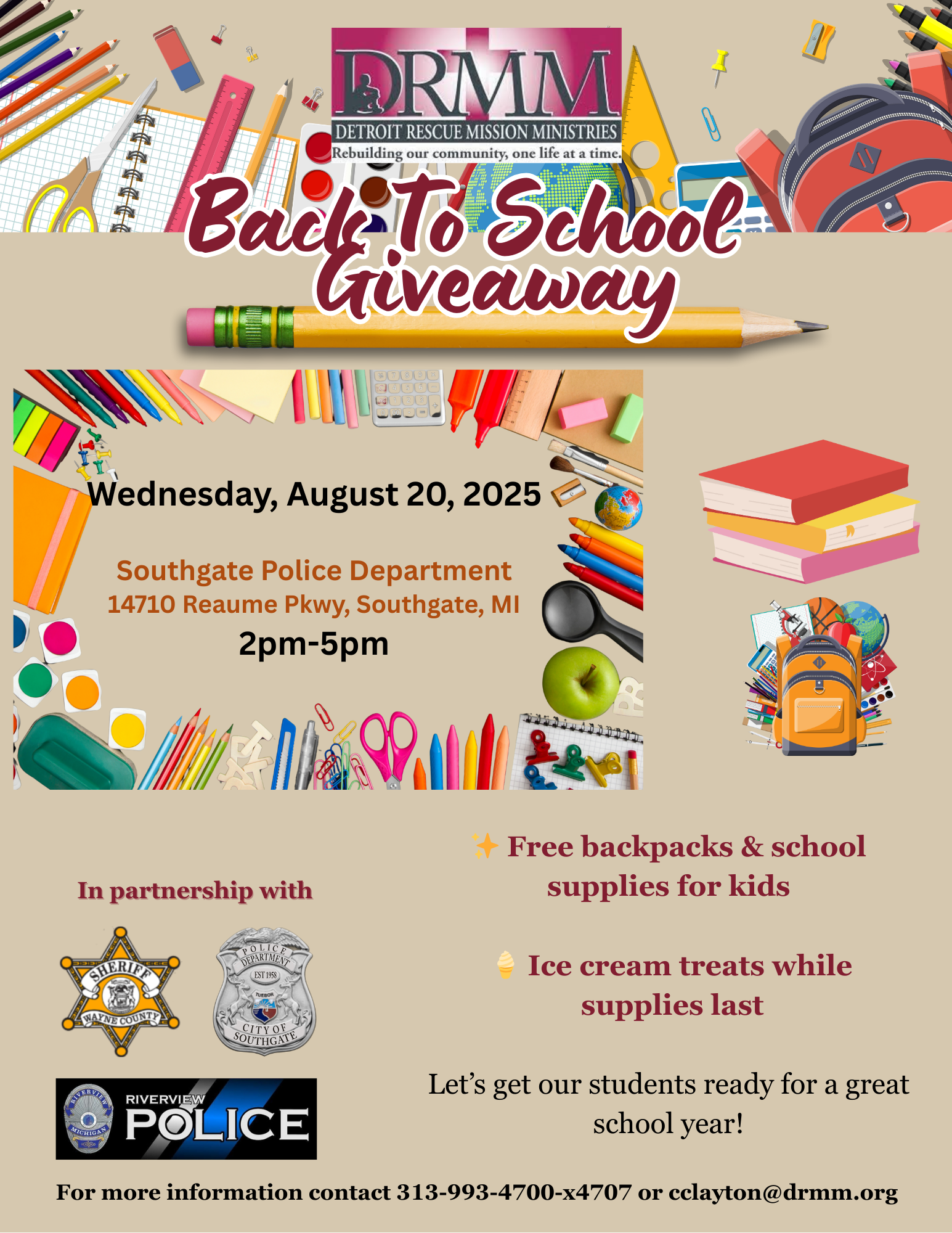 DRMM, The Wayne County Sherriff, & Southgate & Riverview Police Host Back To School Giveaway